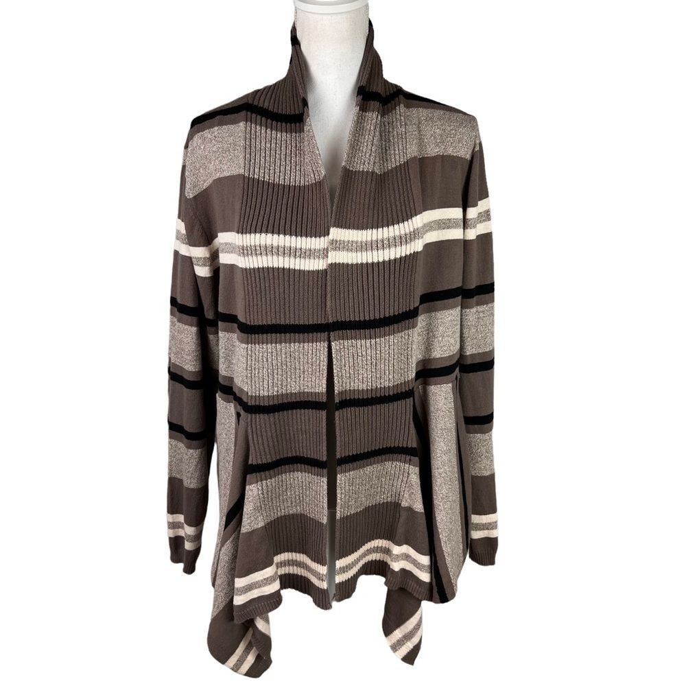 Striped Cotton Knit Open Front Cardigan Size XL Petite St John’s Bay Taupe Black